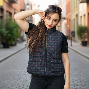 J Crew Factory Green Blue Plaid Quilted Vest Jacket Ladies Medium NWT Preppy